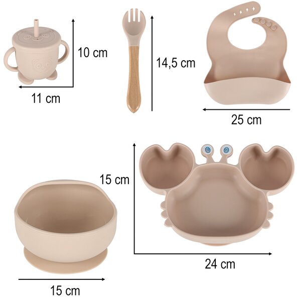 Otroška silikonska posoda rak komplet 9 kosov bež - Baby shower