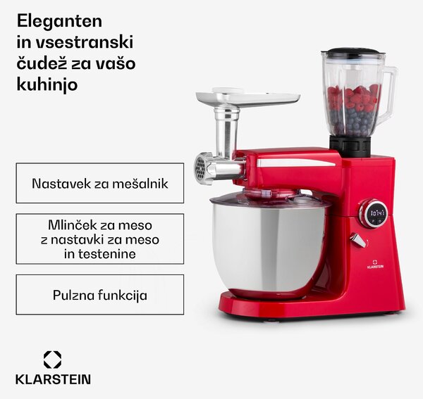 Klarstein Renata Rossa, kuhinjski robot 3 v 1, 2000 W / 2,7 PS, 10 litrov, iz nerjavečega jekla, brez BPA