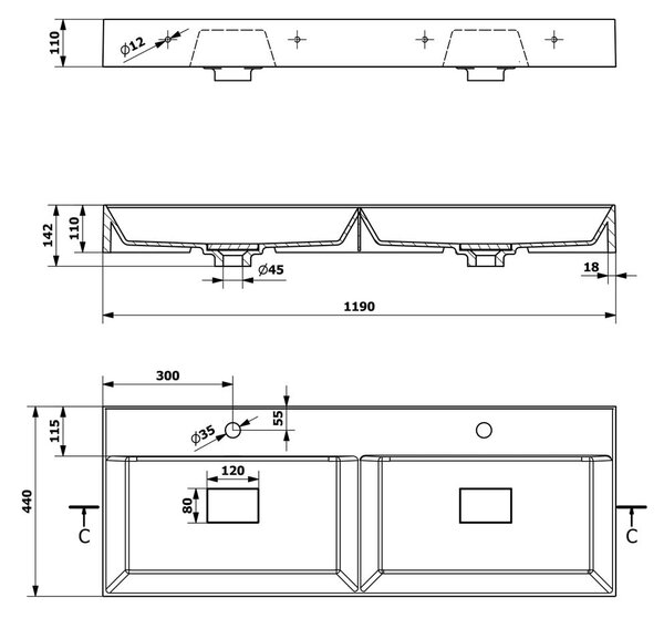 Bel dvojni umivalnik iz mineralnega kompozita 119x44 cm Godiva – Sapho