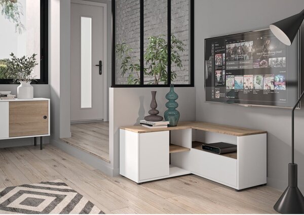 Bela/naravna TV omarica v hrastovem dekorju 90x45 cm Angle – TemaHome
