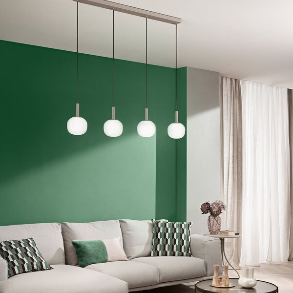 Luce Ambiente Design Visoka svetilka Eris, dolžina 114 cm, rjava/bela, kovina/steklo, 4-žarilna, zatemnjen, Rjava / rjasta, Dnevna soba / jedilnica, Aluminij, Sodobni