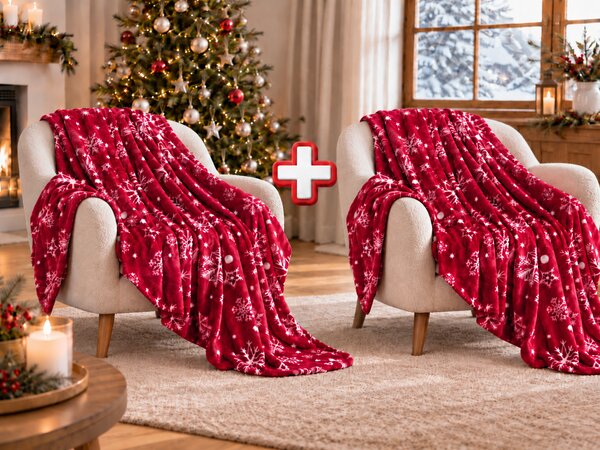 2x Rdeča božična mikroflis odeja SNOWFALL 150x200 cm