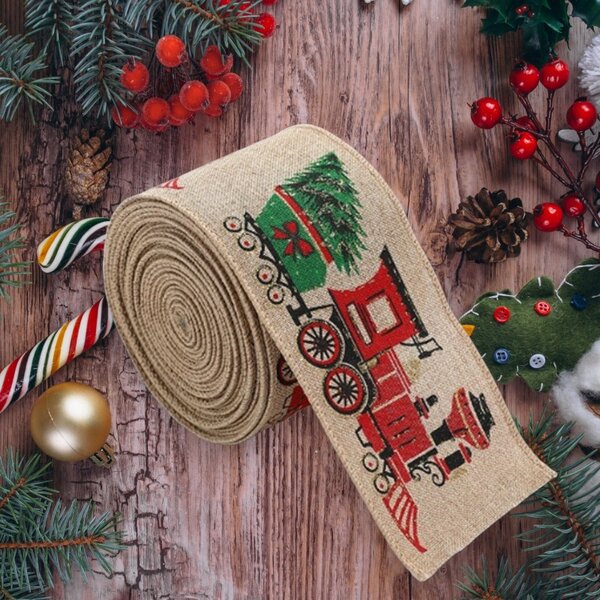 Božični trak CHRISTMAS TRAIN 6,3 cm x 2 m, bež