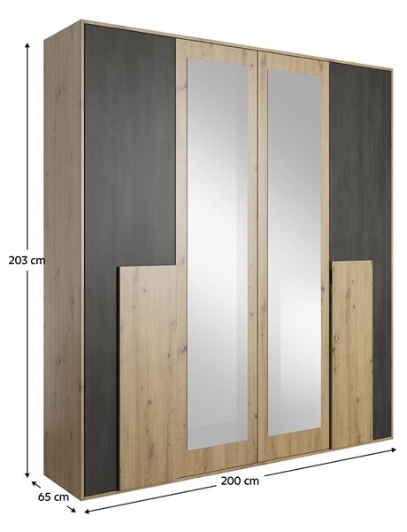 KONDELA Spalnica (garderobna omara + postelja + dve nočni omarici), hrast artisan/črni norveški bor, BAFRA