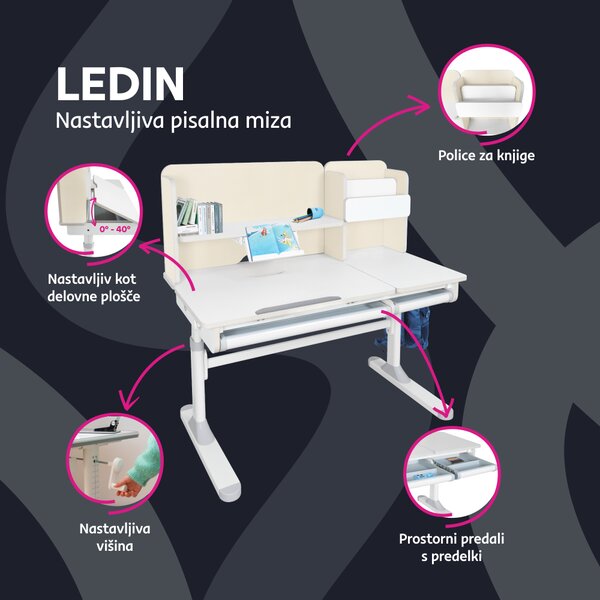 KONDELA Rastoča pisalna miza, natural/bela, LEDIN
