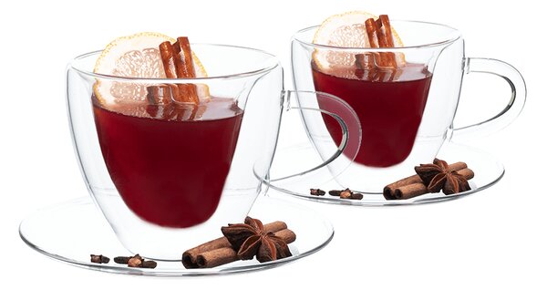 KONDELA Komplet 2 termo skodelic s krožniki, v obliki srca, 150 ml, prozorna, HOTCOOL TIP 5