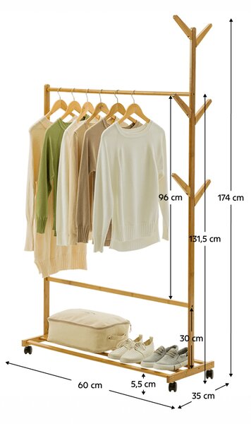 KONDELA Premično stojalo za oblačila, bambus, širina 60 cm, VIKIR tip 1