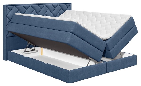BOXSPRING POSTELJA 140 cm x 200 cm , tekstil, leseni material temno modra