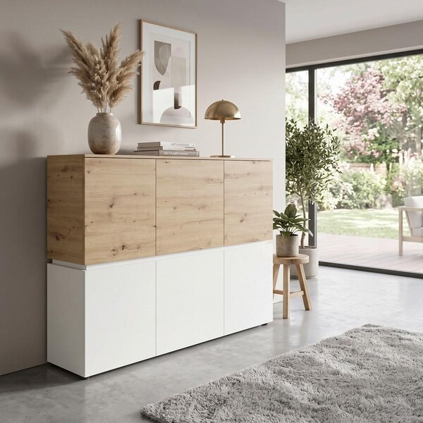 Modern Living Široka Komoda Luci, Bela, Barva Hrasta