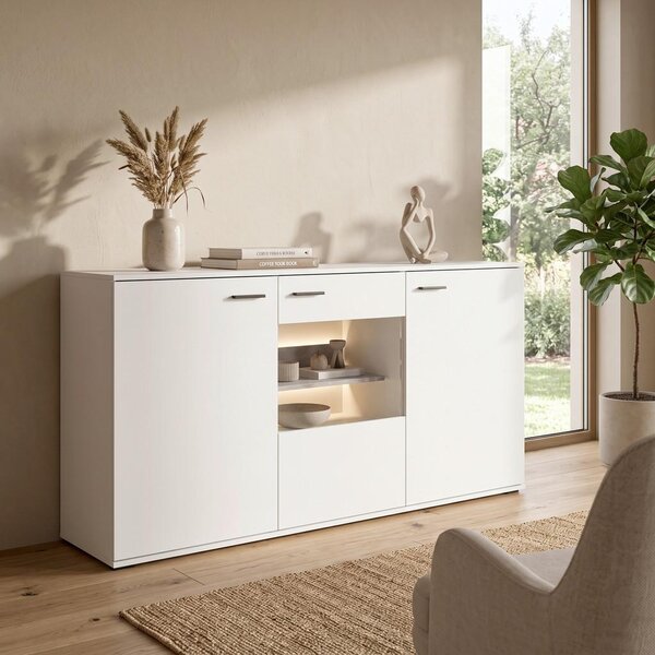 Modern Living Široka Komoda Cotia New, Bela, Barva Hrasta, Osvetlitev