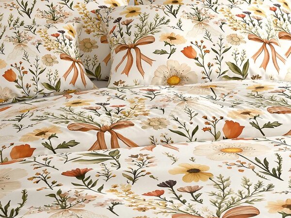Set krep posteljnine FLORAL RIBBON POLY pisano + Jersey rjuha 180 x 200 cm svetlo bež, zakonska postelja