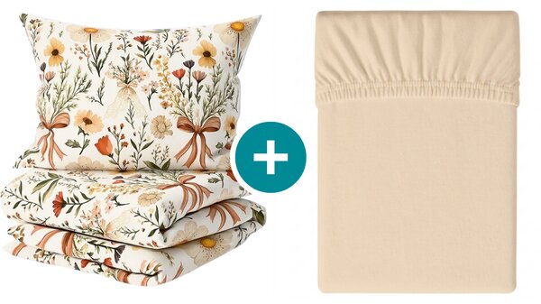 Set krep posteljnine FLORAL RIBBON POLY pisano + Jersey rjuha 180 x 200 cm svetlo bež, zakonska postelja