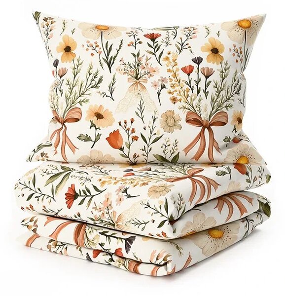 Set krep posteljnine FLORAL RIBBON POLY pisano + Jersey rjuha 180 x 200 cm svetlo bež, zakonska postelja