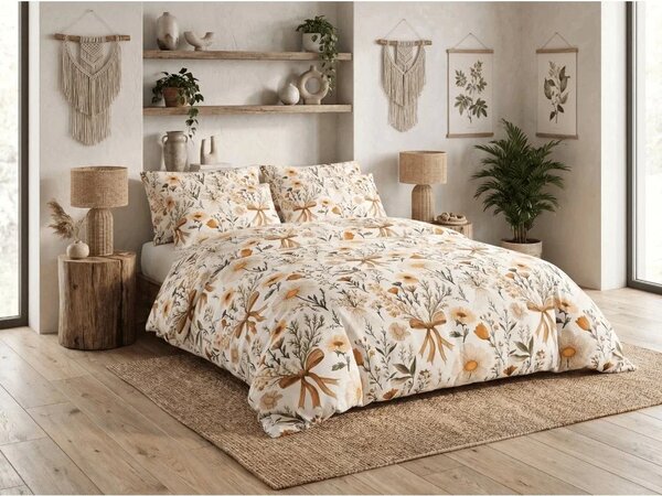 Set krep posteljnine FLORAL RIBBON POLY pisano + Jersey rjuha 180 x 200 cm svetlo bež, zakonska postelja
