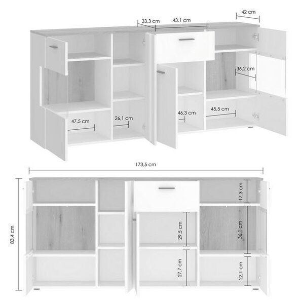 Modern Living Široka Komoda Dalano, Bela, Barva Hrasta