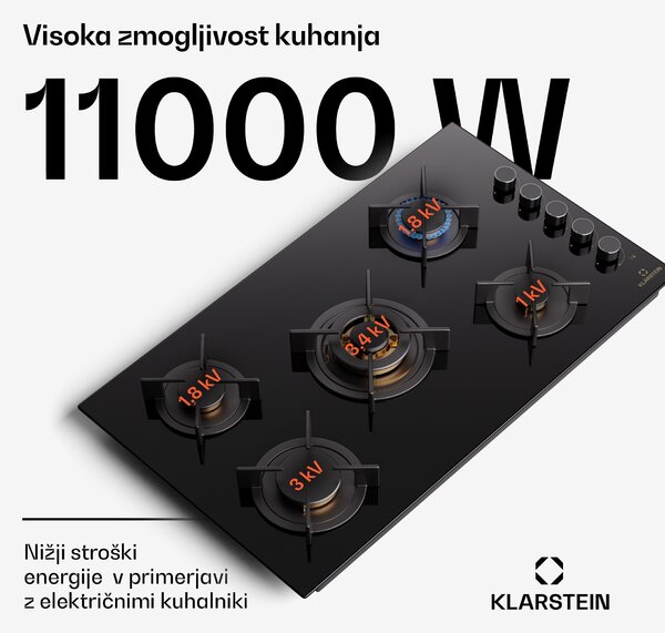 Klarstein Goldflame 5, plinska kuhalna plošča, samostojna, 5 gorilnikov, stransko upravljanje, plin/propan, keramika, črna
