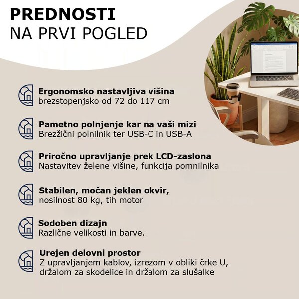 Višinsko nastavljiva pisarniška miza FLEXI, 140x70x72–117cm, bela Casaria