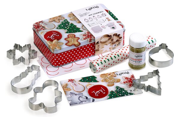 Komplet modelčkov za božične piškote+kovinska škatla (človeček,obesek,snežak,smreka,snežinka)