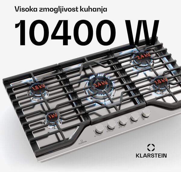 Klarstein Turbocast plinska kuhalna plošča, 304 nerjaveče jeklo, 5 gorilnikov, profesionalni nosilec iz litega železa, gorilnik za vok