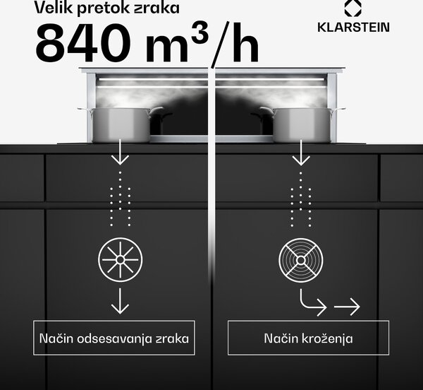 Klarstein Royal Flush Eco napa, 842 m³/h zračnega pretoka, nagnjena, EEK A, 70 dB, LED