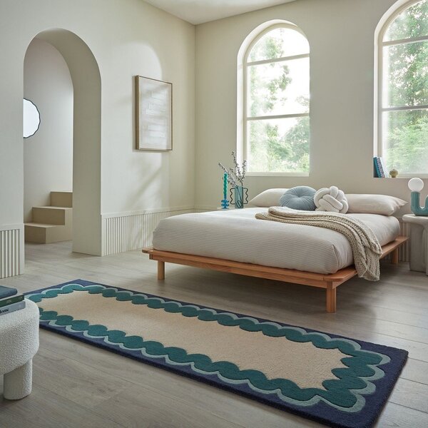 Ročno tkan volnen tekač v naravni barvi/zelenomoder 80x230 cm Wiggle Wool – Flair Rugs
