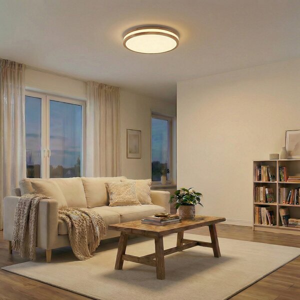 Lindby LED-stropna svetilka Emiva, 50 cm, svetlo leseno, CCT, zatemnjen, Les, Dnevna soba / jedilnica, Les, Sodobni