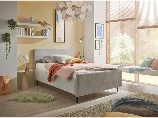 OBLAZINJENA POSTELJA 120 cm x 200 cm , tekstil, leseni material svetlo siva