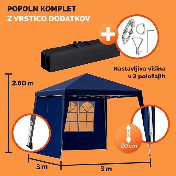 Paviljon za zabave CAPRI PLUS z 2 stranskima stenama, 3×3 m, modra Casaria