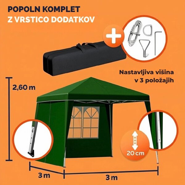 Paviljon za zabave CAPRI PLUS z 2 stranskima stenama, 3×3 m, zelen Casaria