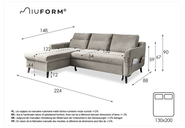 Temno modra žametna kotna sedežna garnitura Miuform Stylish Stan, levi kot