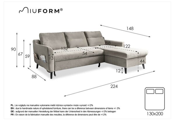 Temno modra žametna kotna raztegljiva sedežna garnitura Miuform Stylish Stan, desni kot