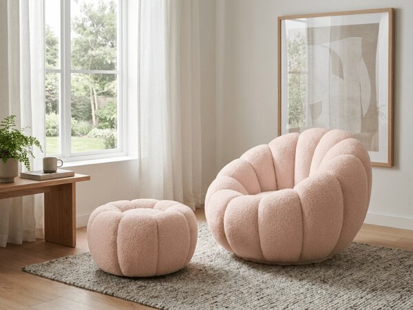 Dizajnerski fotelj BLOOM s taburejem, svetlo roza
