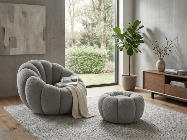 Dizajnerski fotelj BLOOM s taburejem, siva