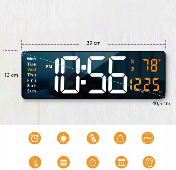 Moderna XXL LED elektronska budilka 39cm USB + daljinec