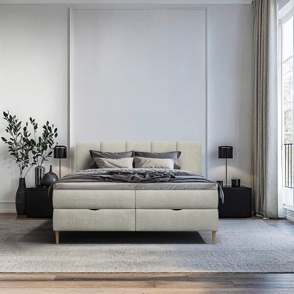POSTELJA Z VZMETNICO 180 cm x 200 cm , les, tekstil, leseni material bež