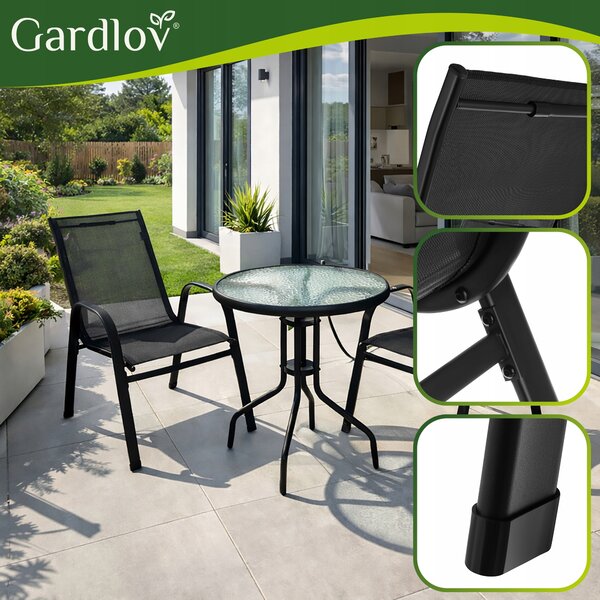 Kovinska balkonska črna garnitura steklena miza in 2 vrtna stola