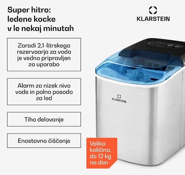 Klarstein On-The-Rocks Ledomat/12 kg vsakih 24 ur/2.1 L, Nerjaveče jeklo, Črne barve