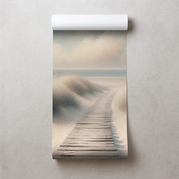 Tapeta peščena plaža z leseno potjo