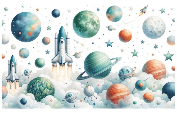 Tapeta otroški vesoljski svet z raketami