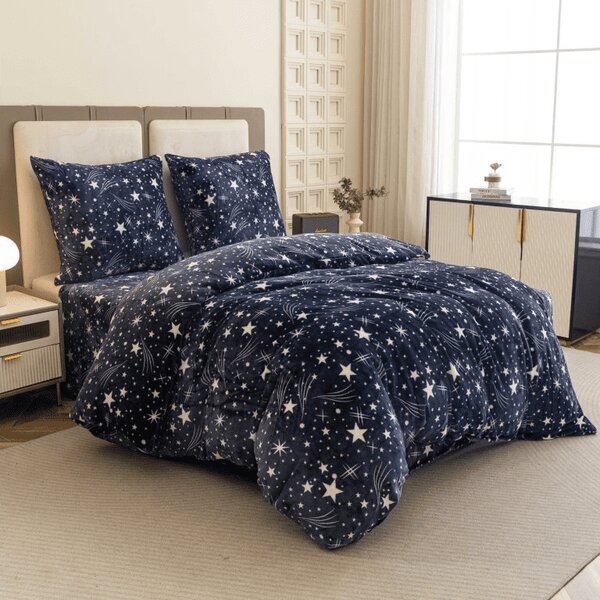 Set posteljnine mikropliš STARLIGHT temno modra + rjuha mikropliš SOFT 90x200 cm bela, enojna postelja