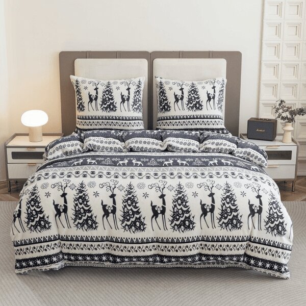 Set posteljnine mikropliš WINTER DEER siva + rjuha mikropliš SOFT 90x200 cm bela, enojna postelja