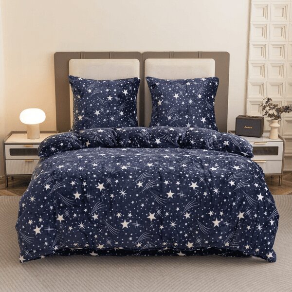 Set posteljnine mikropliš STARLIGHT temno modra + rjuha mikropliš SOFT 90x200 cm bela, enojna postelja