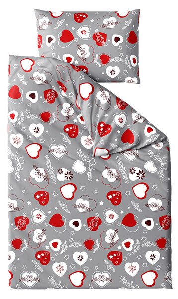 Set posteljnine mikropliš CHRISTMAS HEART siva + rjuha mikropliš SOFT 180x200 cm bela, zakonska postelja