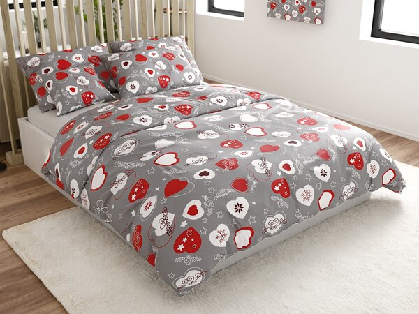 Set posteljnine mikropliš CHRISTMAS HEART siva + rjuha mikropliš SOFT 180x200 cm bela, zakonska postelja