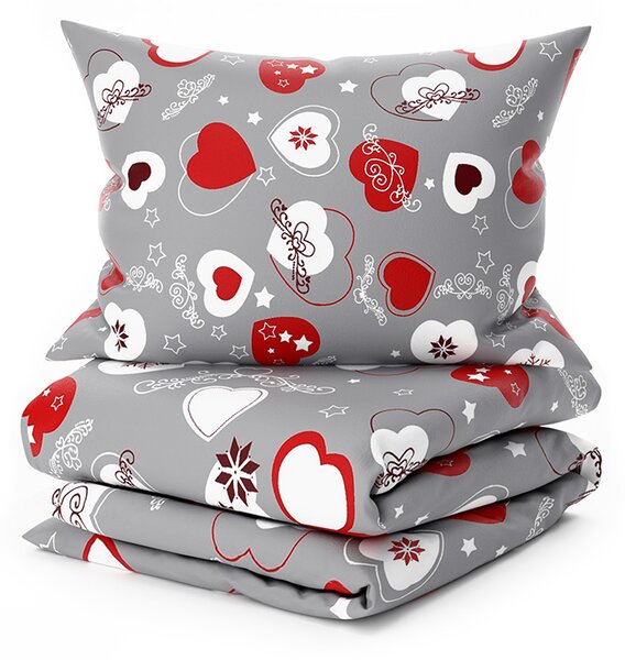 Set posteljnine mikropliš CHRISTMAS HEART siva + rjuha mikropliš SOFT 180x200 cm bela, zakonska postelja