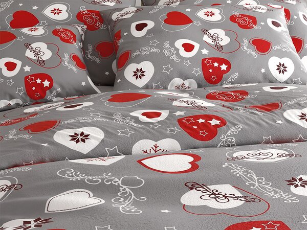 Set posteljnine mikropliš CHRISTMAS HEART siva + rjuha mikropliš SOFT 180x200 cm bela, zakonska postelja