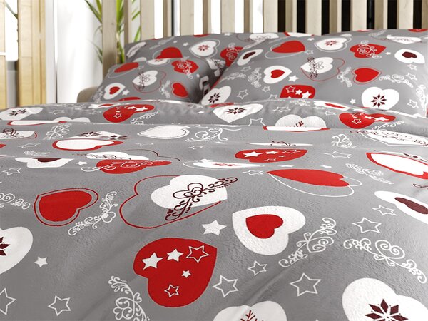 Set posteljnine mikropliš CHRISTMAS HEART siva + rjuha mikropliš SOFT 180x200 cm bela, zakonska postelja