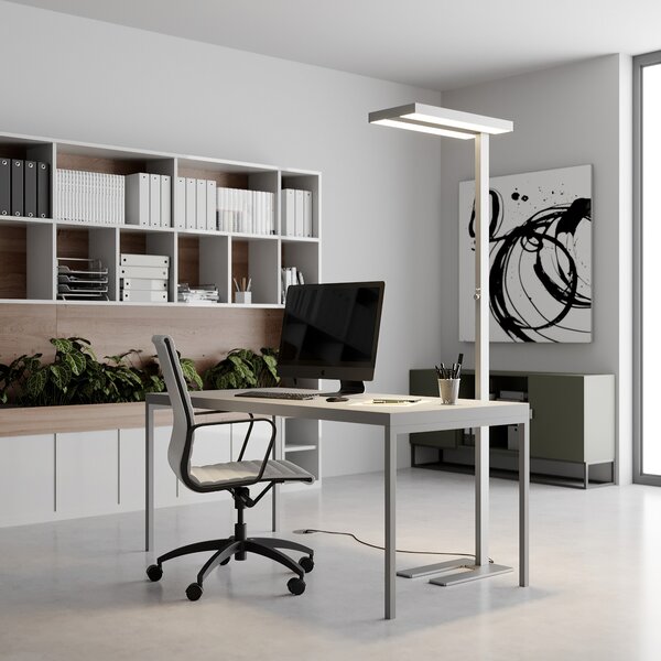 Arcchio LED-stoječa svetilka Logan Basic, srebrna, 6.000 lm, z možnostjo, zatemnjen, Kovinska, Študija / pisarna, Aluminij, Sodobni, Stoječi reflektor