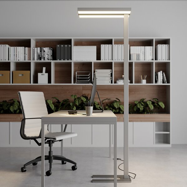 Arcchio LED-stoječa svetilka Logan Basic, srebrna, 6.000 lm, z možnostjo, zatemnjen, Kovinska, Študija / pisarna, Aluminij, Sodobni, Stoječi reflektor