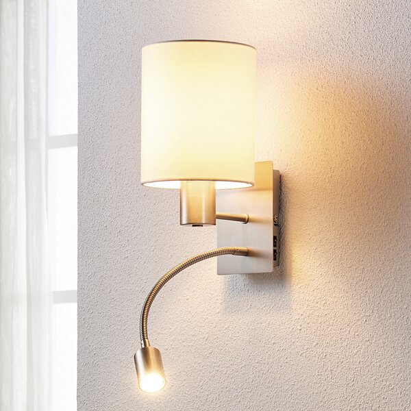 Lindby stenska svetilka Shajan, 29 cm, tekstil, E27, LED za branje, Bela, Dnevna soba / jedilnica, Tkanine / tekstil, Sodobni